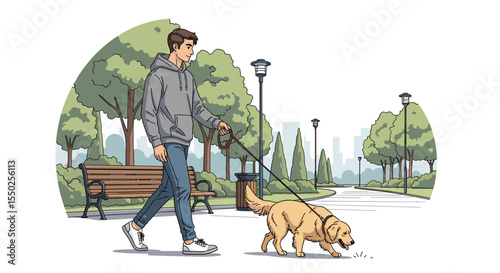 Stylish Handdrawn Man Walking with Golden Retriever Dog in City Park