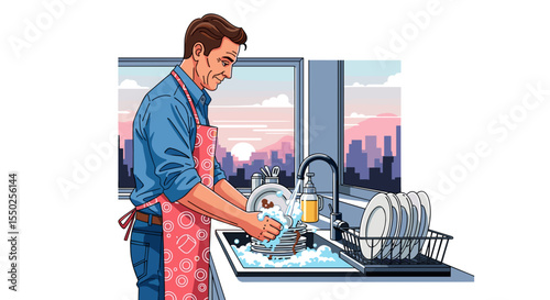Flat Design Adult Man Washing Dishes at the Kitchen Sink Illustration