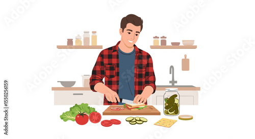 Modern Flat Illustration of Man Preparing Salad in Kitchen Interior