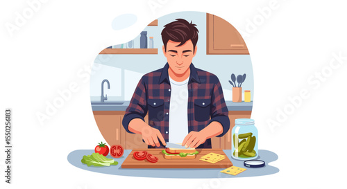 Detailed Flat Illustration of a Man Preparing a Sandwich in Kitchen