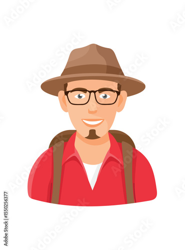 Man tourist with bag, Forest travel, Camping. Flat vector clipart, illustration with isolated background.