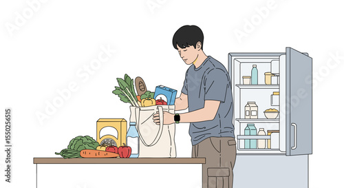 Simple Line Art Asian Man Unpacking Groceries from Shopping Bag