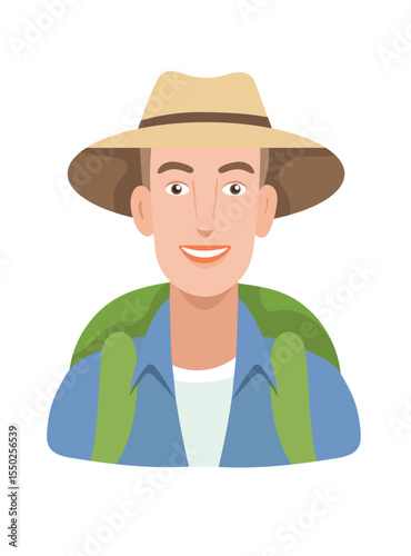Man tourist with bag, Forest travel, Camping. Flat vector clipart, illustration with isolated background.
