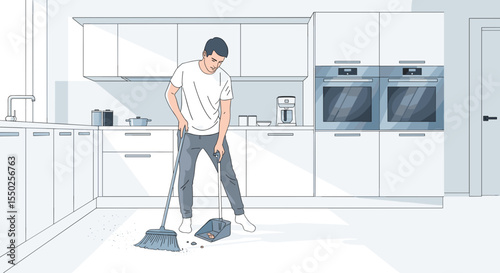 Flat Style Line Illustration Man Sweeping the Kitchen Floor with Broom