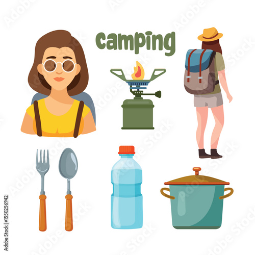 Camping, Forest travel. Flat vector clipart, illustration with isolated background.