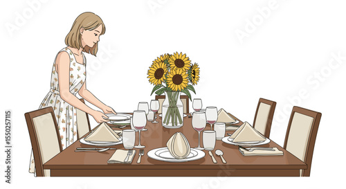 Soft Pastel Illustration Woman Setting Up a Festive Dining Table