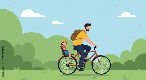 Father cycling with daughter on a bike, concept for Father's Day celebrations and family activities