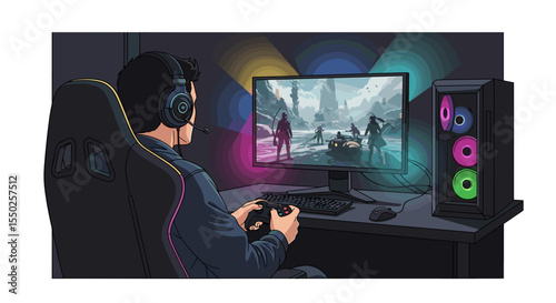 Illustrated Young Man Gamer Playing Action Adventure Game on Desktop