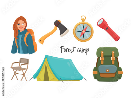 Camping, Forest travel. Flat vector clipart, illustration with isolated background.