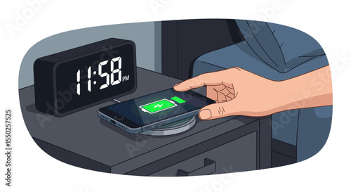 Flat Illustration Hand Charging Smartphone on Nightstand Bedside Table Scene