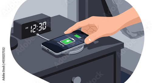 Modern Flat Lay Hand Charging Mobilephone at Night Stand Illustration