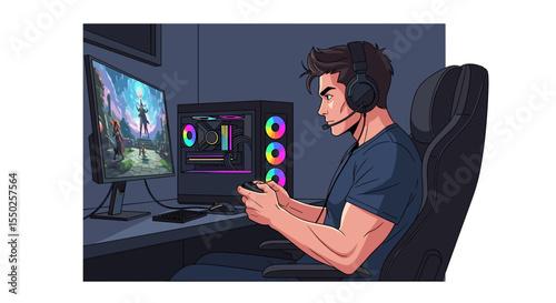 Vibrant Cartoon Man Playing Game on Powerful Computer Illustration