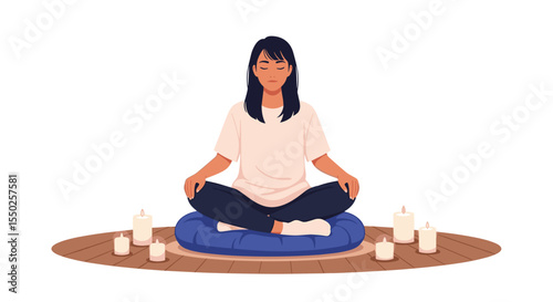 Flat Illustration Peaceful Woman in Meditation Position with Candles for Relaxation