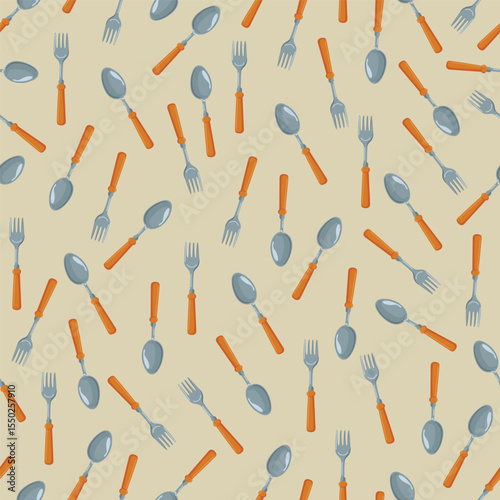 Fork and spoon seamless pattern. Flat vector clipart, illustration with isolated background.