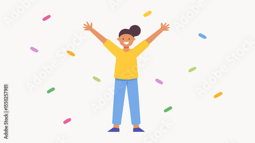 Celebratory Pop An individual stands on tiptoes hands popping up in a victorious pose as if just burst into joyous movement. Their mouth is open in a shout of glee and their eyes