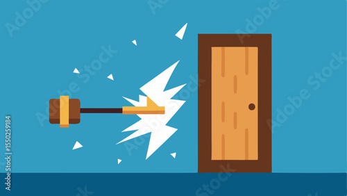 Dynamic Door Smash A midaction scene showing a battering ram connecting forcefully with a door splintering wood flying in all directions.