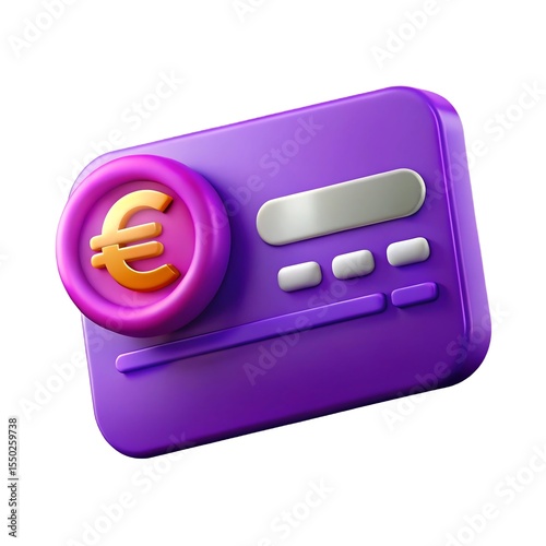 Purple 3 D Render of Euro Debit Card Payment Icon with Gold Currency Symbol 3D render