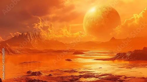 Surreal Landscape with Orange Sky and Distant Planet