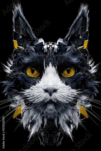 Futuristic mechanical cat portrait with metallic structure illustration