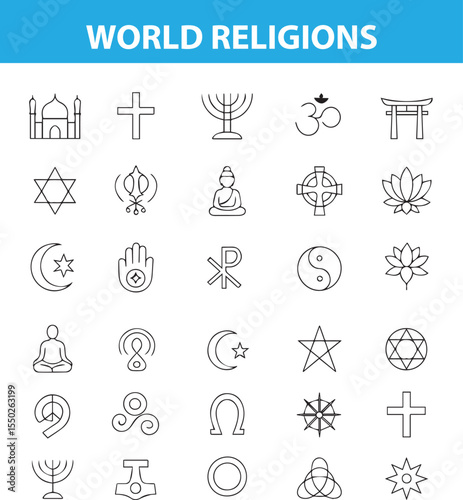 World Religions and Cultural Symbols Line Icons , Islam, Hinduism, Buddhism, Judaism, Taoism, Shinto, and More , Editable Formats: AI, EPS, JPG, PNG, and Ideal for Both Digital and Print Use
