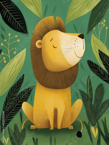 Lion sits contentedly amidst lush green foliage in jungle illustration