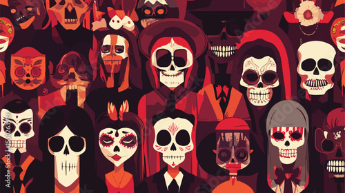 Day of Dead Card Flat Vector Illustration Centered with Colorful Skull and Flowers