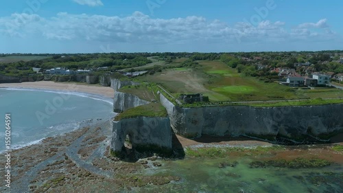 Drone aerial footage of the beach and white cliffs on Botany Bay, Margate, England, UK.