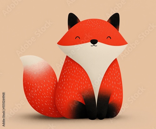 Cute fox sits serenely with a smile, showing its fluffy tail in detail