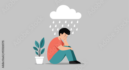 Depressed Man Sitting Under a Raining Cloud Next to a Plant