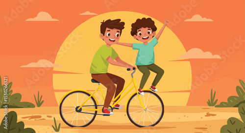 Happy Kids Riding a Bicycle Together at Sunset
