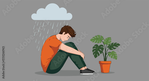 Depressed Man Sitting Under a Raining Cloud Next to a Plant