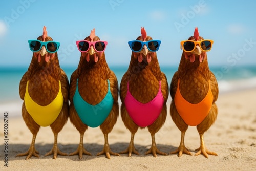 Four chickens in colorful bikinis and sunglasses at beach
Humor, animals, summer vacation, advertising, poultry parody