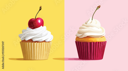 Delicious Cupcake and Cherry Flat Vector Illustration
