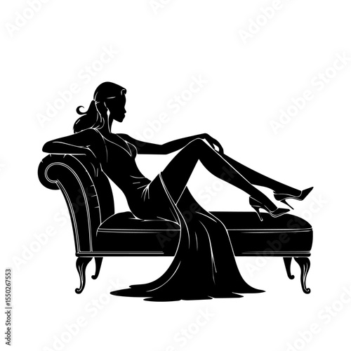Silhouette of a reclining woman in high heels posing seductively on a vintage chaise lounge. The black vector art contrasts sharply against a white background.

