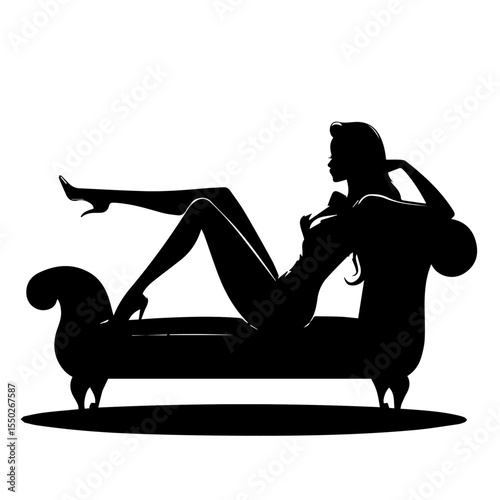 Silhouette of a reclining woman in high heels posing seductively on a vintage chaise lounge. The black vector art contrasts sharply against a white background.

