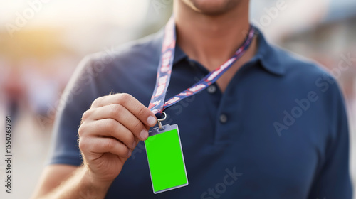 Staff member displaying a green screen badge at a sporting event, ideal for customization and personalization at tournaments and competitions