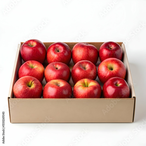 Group of red apples in a brown cardboard box. Fresh healthy fruit for a diet or healthy eating concept. Isolated on white background.