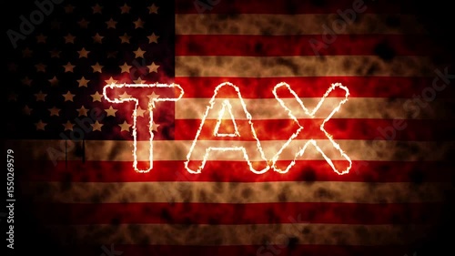 Burning Tax Text on American Flag Background
