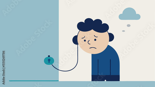 Distracted Daydreamer A dreamy character leans against a wall seemingly lost in thought while absentmindedly holding a mess of earphones in one hand. Their eyes are glazed over and