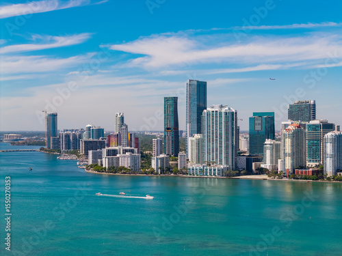 Skyscraper building. Cityscape building downtown. City architecture. Miami skyline. Florida skyscraper cityscape. Miami city skyline view of Brickell key. Miami downtown. Brickell Miami