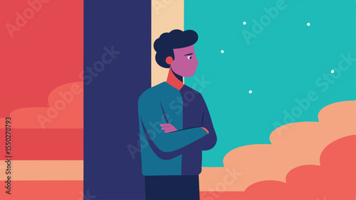 Casual Defiance The illustration features a stylized person standing with arms folded leaning casually against a wall positioned vertically. The characters silhouette is filled