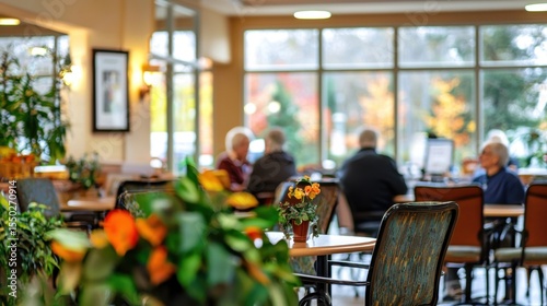Seniors enjoy the community center cafe on a bright autumn afternoon in the United States