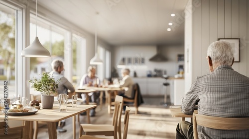 Senior adults dining together at a sunlit table in a modern dining room during the daytime at Senior Living Community
