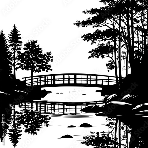 A traditional wooden bridge over river with trees beside – rural nature silhouette