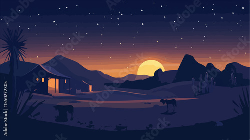 Desert Night Scene with Stable Manger Flat Vector Illustration