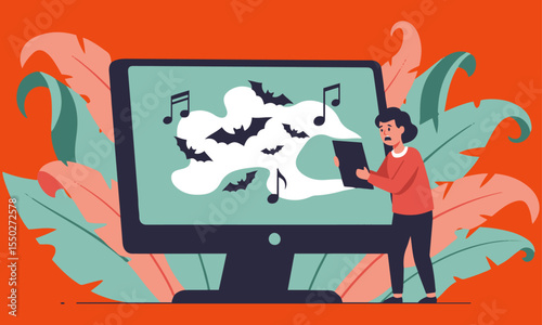 Digital Music and Horror Theme Concept, A stylized illustration symbolizing a blend of digital entertainment, horror themes, and a potentially jarring or intense online experience.