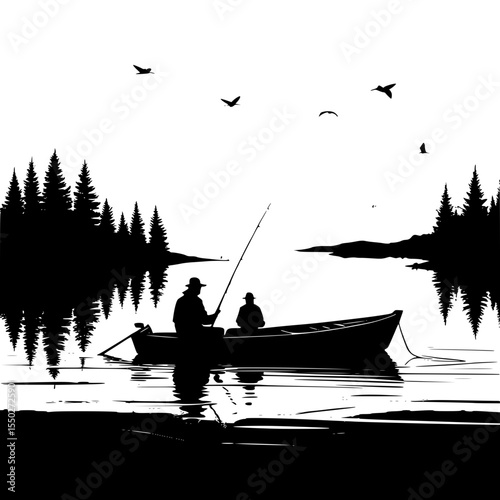  A fisherman sitting on a boat on a calm lake – peaceful vector silhouette