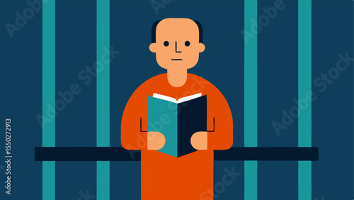 A prisoner holding a book reading but lost in thought with an unreadable expression surrounded by the loneliness of the cell.