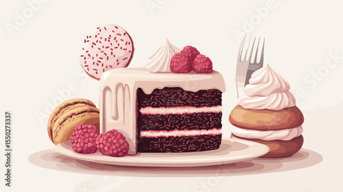 Delicious Dessert Cake and Macaroons Flat Vector Illustration
