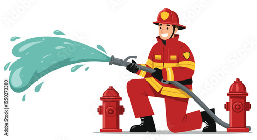  Brave Firefighter Extinguishing Fire with Water Hose and Hydrant